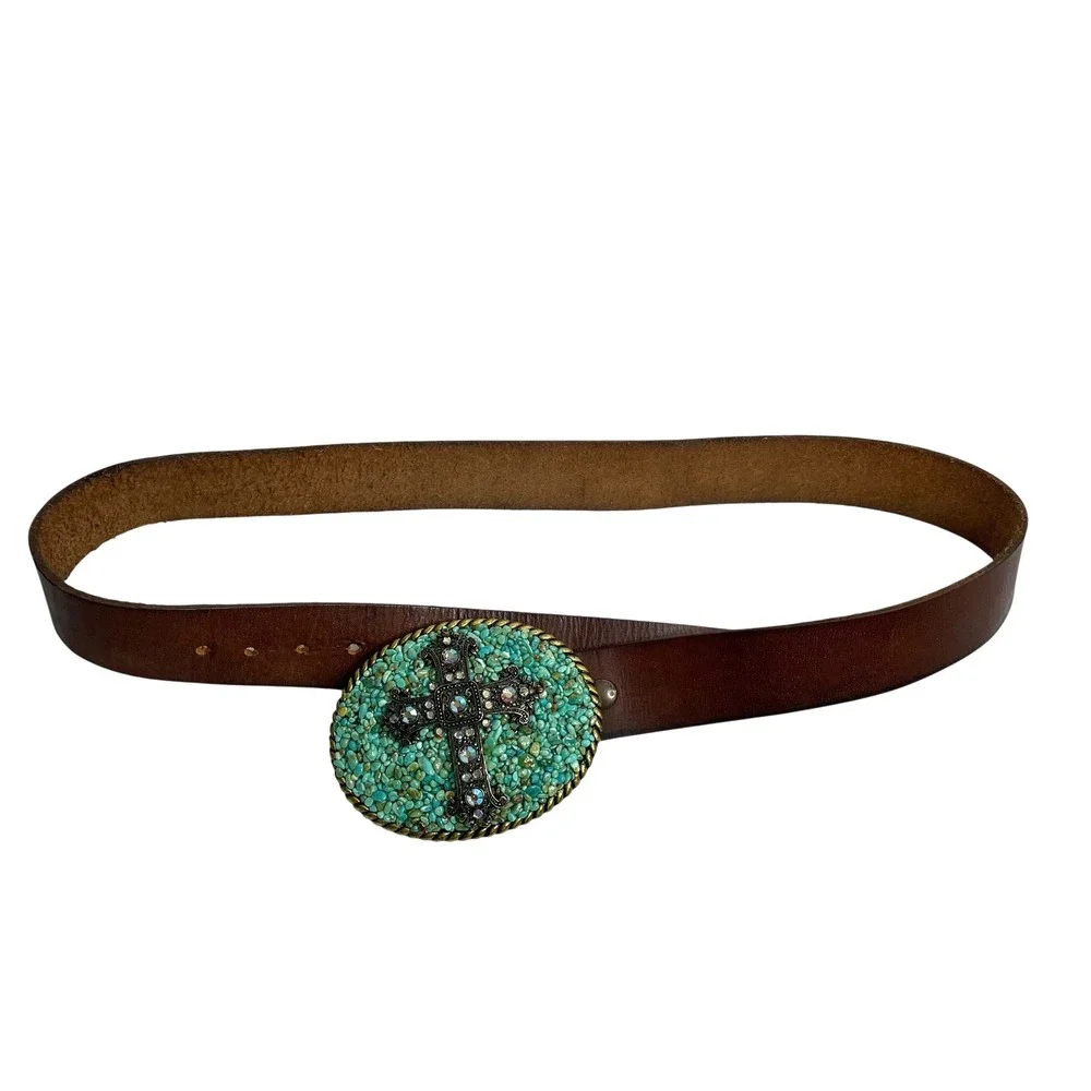 Vintage Leather Rhinestone statement belt Cross Turquoise‎ Size 36 boho western